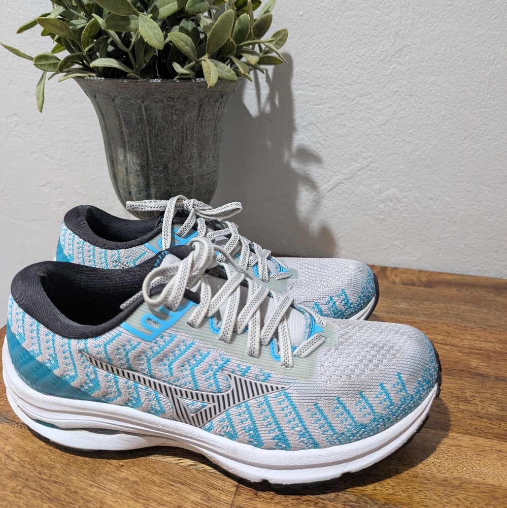 Women Mizuno Wave Rider 24 Waveknit‎ Running Shoes Size 7 Grey Teal Aqua Green